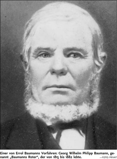 Einer von Errol Baumanns Vorfahren: Georg Wilhelm Philipp Baumann, genannt „Baumanns Roter“, der von 1815 bis 1882 lebte. (Quelle: DIE RHEINPFALZ&nbsp;- 01.02.2006 | Text: Wolfgang Schneider | Foto: Privat)