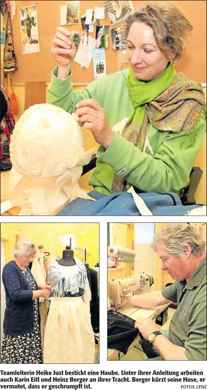 Teamleiterin Heike Just bestickt eine Haube. Unter ihrer Anleitung arbeiten auch Karin Eitl und Heinz Berger an ihrer Tracht. Berger kürzt seine Hose, er vermutet, dass er geschrumpft ist. (Quelle: DIE RHEINPFALZ&nbsp;- 23.05.016 | Text: Christine Kraus | Foto: Lenz)