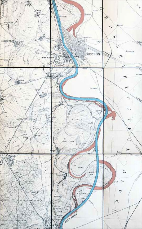 Durchstochen: Die Karte von 1861 zeigt einen Rhein, der weitgehend schon so aussieht wie heute: Der neue Flusslauf (blau) durchschneidet die Altrheinarme (rot) am Angelhof, bei Ketsch und der Kollerinsel nördlich von Speyer, fräst sich durchs „Altriper Eck“ (Kartenmitte) und hat die Friesenheimer Insel vom linksrheinischen Gebiet abgeschnitten (ganz oben). (Quelle: DIE RHEINPFALZ&nbsp;- 15.05.2016 | Text: Daniel Krauser | Karte: Edgar Alt, Repro: Lenz, Bearbeitung: Huber) 
