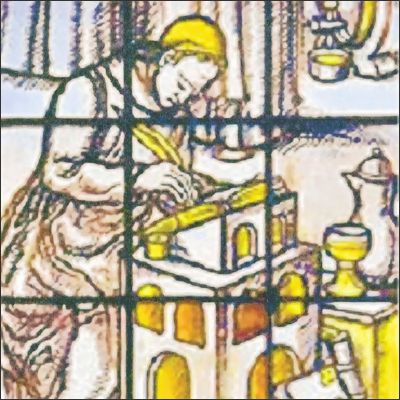 Fensterbild im Kloster Prüm, Abt Regino beim Schreiben. 