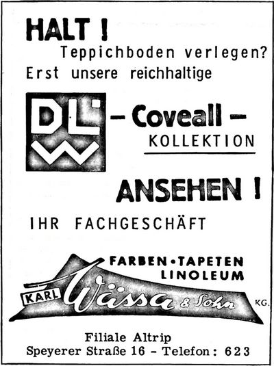 Karrl Wässa & Sohn (Nachrichtenblatt der Gemeinde Altrip | Donnerstag, den 9. November 1967 | 8. Jahrgang - Nummer 45) Karrl Wässa & Sohn (Nachrichtenblatt der Gemeinde Altrip | Donnerstag, den 9. November 1967 | 8. Jahrgang - Nummer 45)
