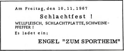 Engel "Zum Sportheim" (Nachrichtenblatt der Gemeinde Altrip | Donnerstag, den 9. November 1967 | 8. Jahrgang - Nummer 45) Engel "Zum Sportheim" (Nachrichtenblatt der Gemeinde Altrip | Donnerstag, den 9. November 1967 | 8. Jahrgang - Nummer 45)