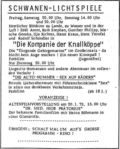 SCHWANEN-LICHTSPIELE | Nachrichtenblatt der Gemeinde Altrip | Donnerstag, den 11. Januar 1973 | 14. Jahrgang - Nummer 1 / 2 SCHWANEN-LICHTSPIELE | Nachrichtenblatt der Gemeinde Altrip | Donnerstag, den 11. Januar 1973 | 14. Jahrgang - Nummer 1 / 2
