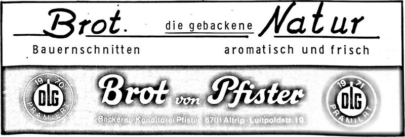 Bäckerei Pfister (Nachrichtenblatt der Gemeinde Altrip | Donnerstag, den&nbsp;1. März 1973 | 14. Jahrgang - Nummer 9)