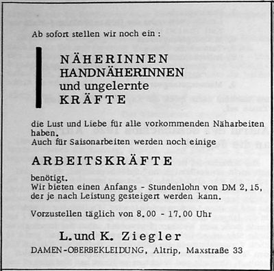 L. und K. Ziegler DAMEN-OBERBEKLEIDUNG (Nachrichtenblatt der Gemeinde Altrip | Donnerstag, den 25. April 1963 | 4. Jahrgang - Nummer 17)