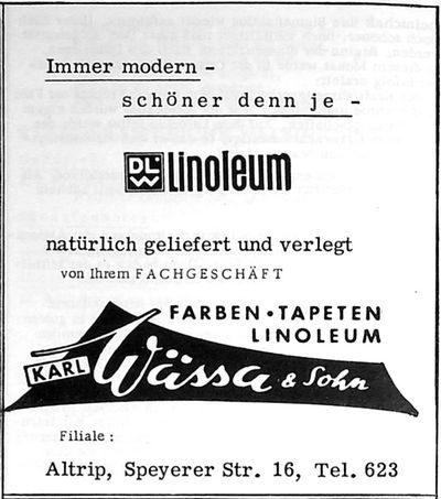KARL Wässä & Sohn FARBEN TAPETEN LINOLEUM (Nachrichtenblatt der Gemeinde Altrip | Donnerstag, den 25. April 1963 | 4. Jahrgang - Nummer 17)