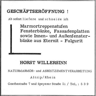 HORST WILLERSINN NATURMARMOR- und ASBESTZEMENT VERARBEITUNG (Nachrichtenblatt der Gemeinde Altrip | Donnerstag, den 25. April 1963 | 4. Jahrgang - Nummer 17)