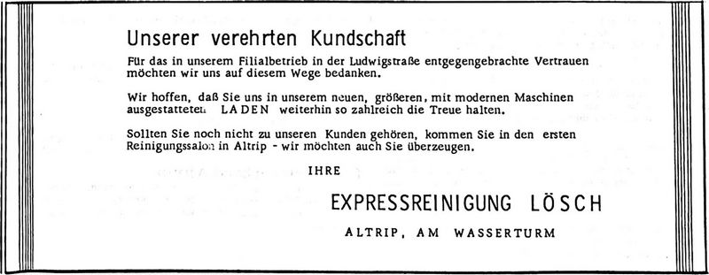 EXPRESSREINIGUNG LÖSCH (Nachrichtenblatt der Gemeinde Altrip | Donnerstag, den 16. Mai 1968 | 9. Jahrgang - Nummer 20) EXPRESSREINIGUNG LÖSCH (Nachrichtenblatt der Gemeinde Altrip | Donnerstag, den 16. Mai 1968 | 9. Jahrgang - Nummer 20)