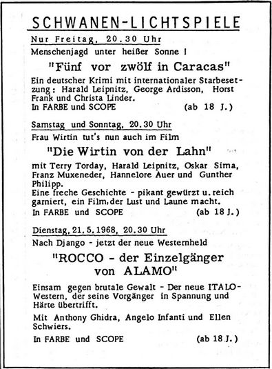 SCHWANEN-LICHTSPIELE (Nachrichtenblatt der Gemeinde Altrip | Donnerstag, den 16. Mai 1968 | 9. Jahrgang - Nummer 20) SCHWANEN-LICHTSPIELE (Nachrichtenblatt der Gemeinde Altrip | Donnerstag, den 16. Mai 1968 | 9. Jahrgang - Nummer 20)