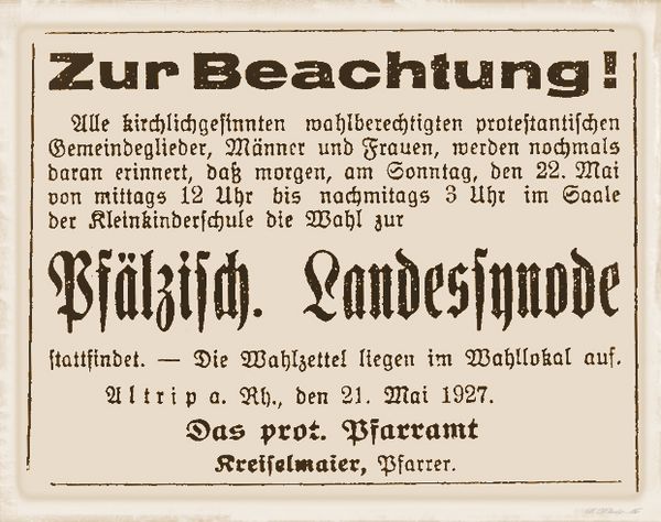 Anzeige aus dem „Altriper Lokalanzeiger" vom 21. Mai 1927